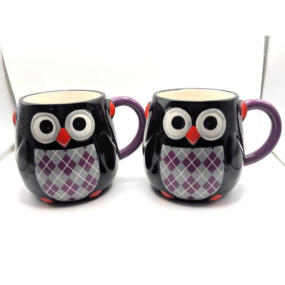 HARRY & DAVID Owl Coffee Mugs Pair Purple Argyle Plaid Ceramic Cups 2015